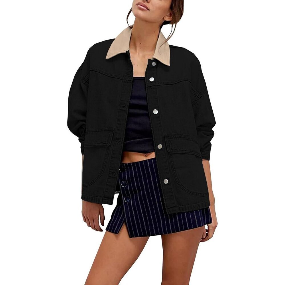 Women's Oversized Denim Jacket with Contrast Trim Long Sleeve Button Down Black